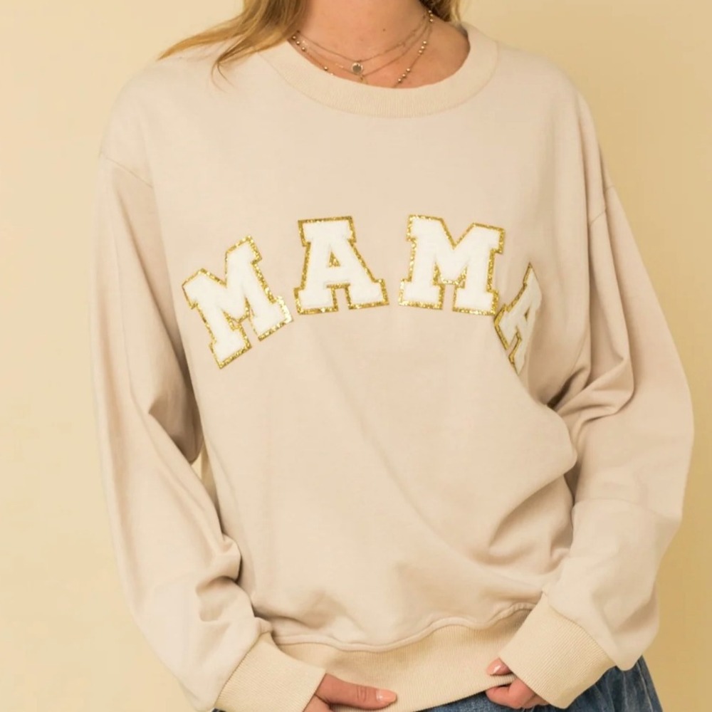 GILLI Mama‎ Glitter Varsity Patch Letter Pullover Crew Sweatshirt, Beige Gold,L